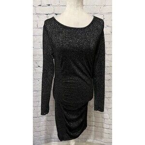 Express Bodycon Dress Knit Long Sleeve Knee Length Black Silver Metallic Large